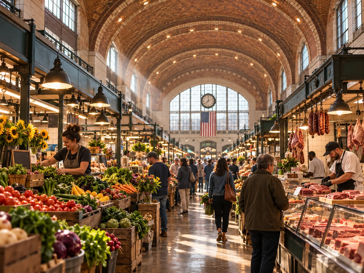 The vaulted brick arcade of a Cleveland market hall, produce and butcher stalls under shafts of daylight